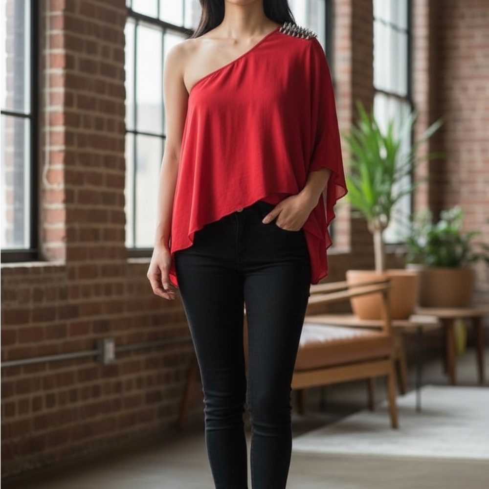 Zara Red Asymmetrical Blouse off shoulder